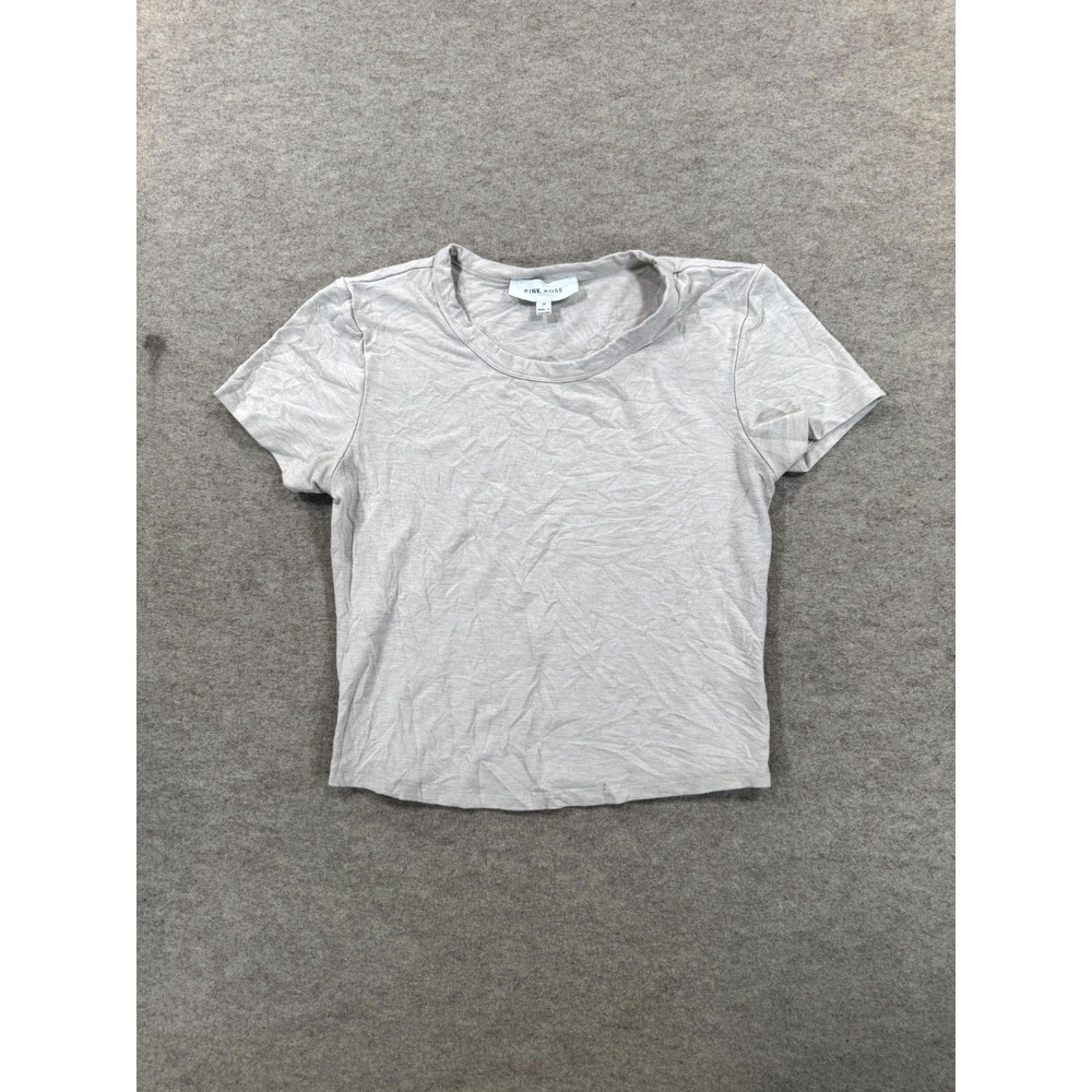 Pink Rose Cropped T Shirt Womens Medium Light Gray Knit Short Sleeve Casual Wear